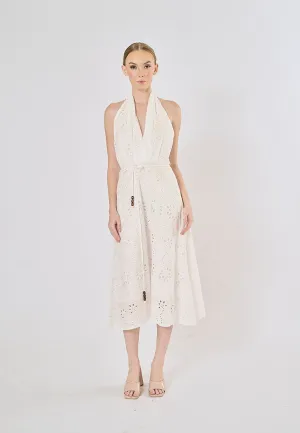 Palma White Floral Emboidery Beaded Halter Back Hollow Out Midi Dress