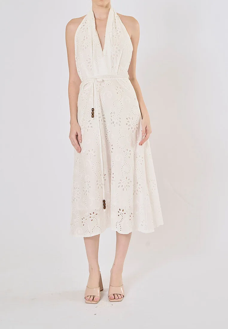 Palma White Floral Emboidery Beaded Halter Back Hollow Out Midi Dress