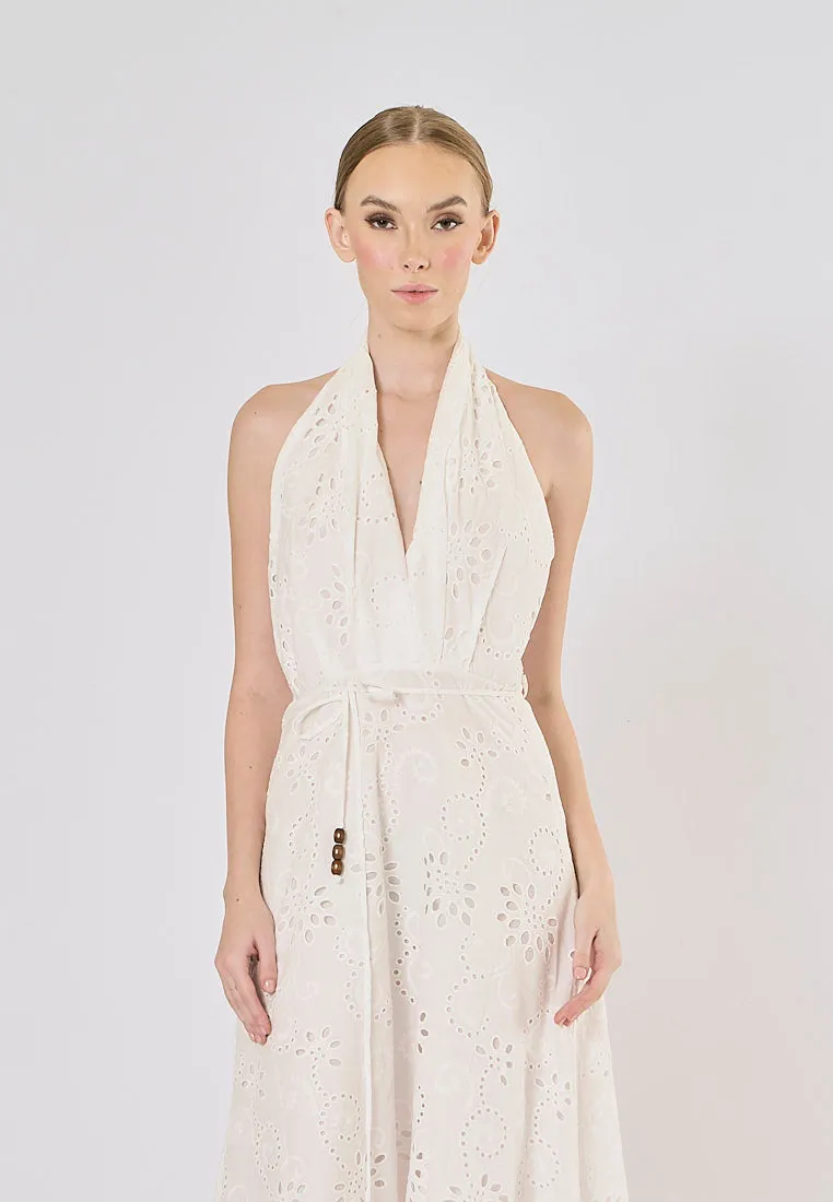 Palma White Floral Emboidery Beaded Halter Back Hollow Out Midi Dress
