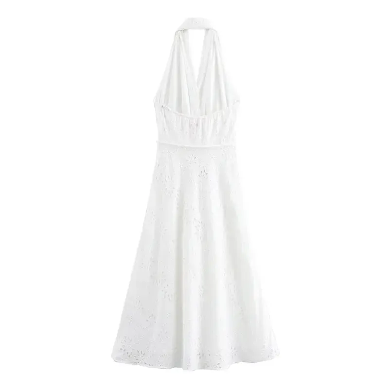 Palma White Floral Emboidery Beaded Halter Back Hollow Out Midi Dress
