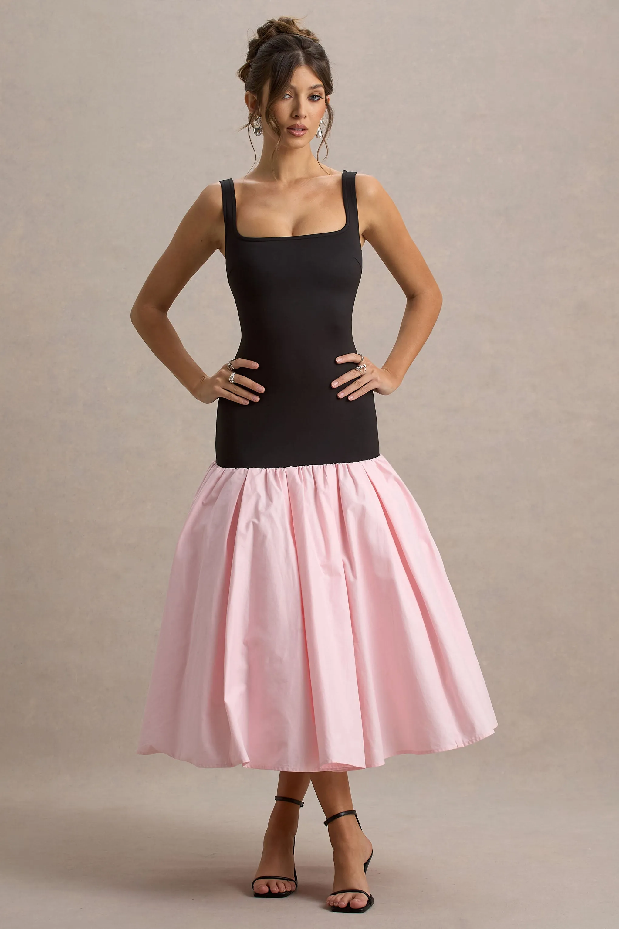 Parida | Black & Pink Poplin Drop-Waist Midi Dress With Peplum Hem