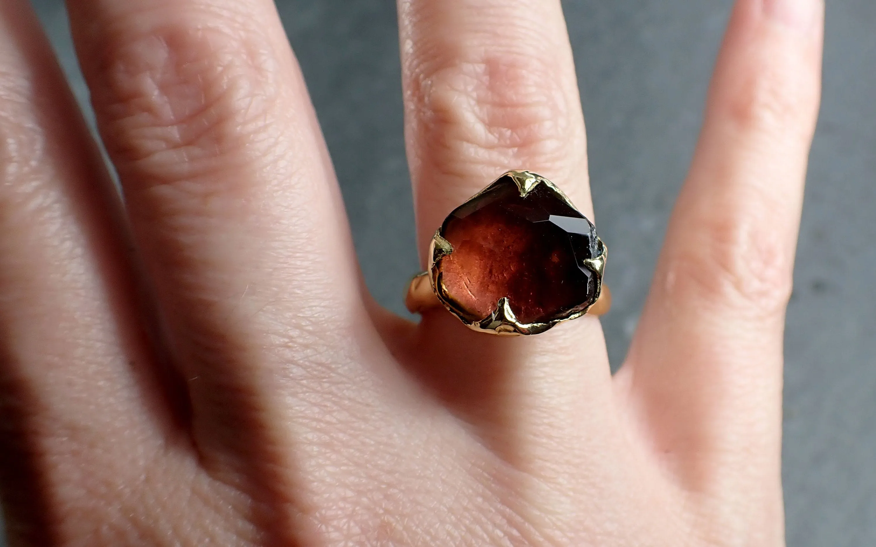 Partially Faceted watermelon Tourmaline Gold Ring Gemstone Solitaire recycled 14k statement cocktail statement 3058