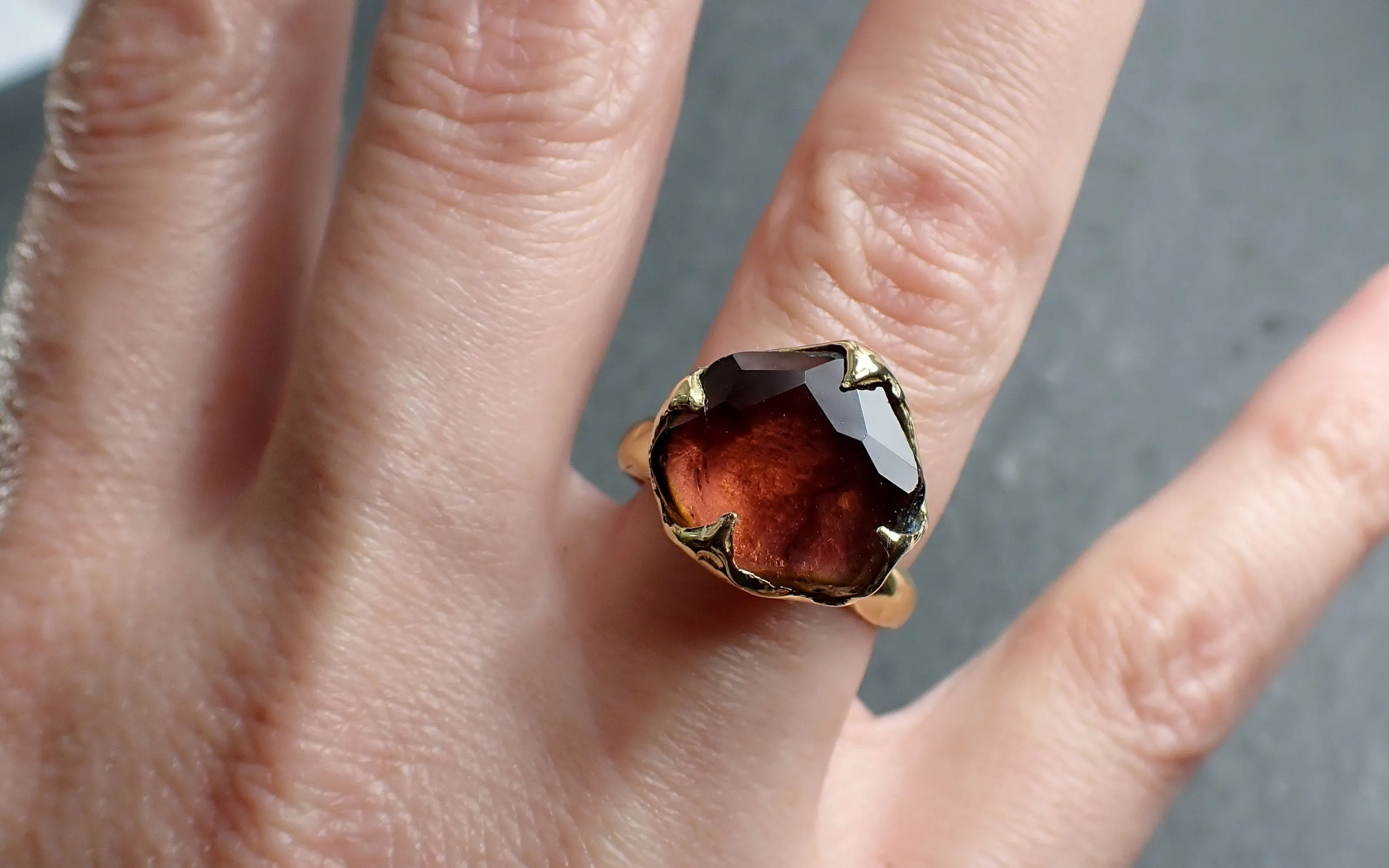 Partially Faceted watermelon Tourmaline Gold Ring Gemstone Solitaire recycled 14k statement cocktail statement 3058