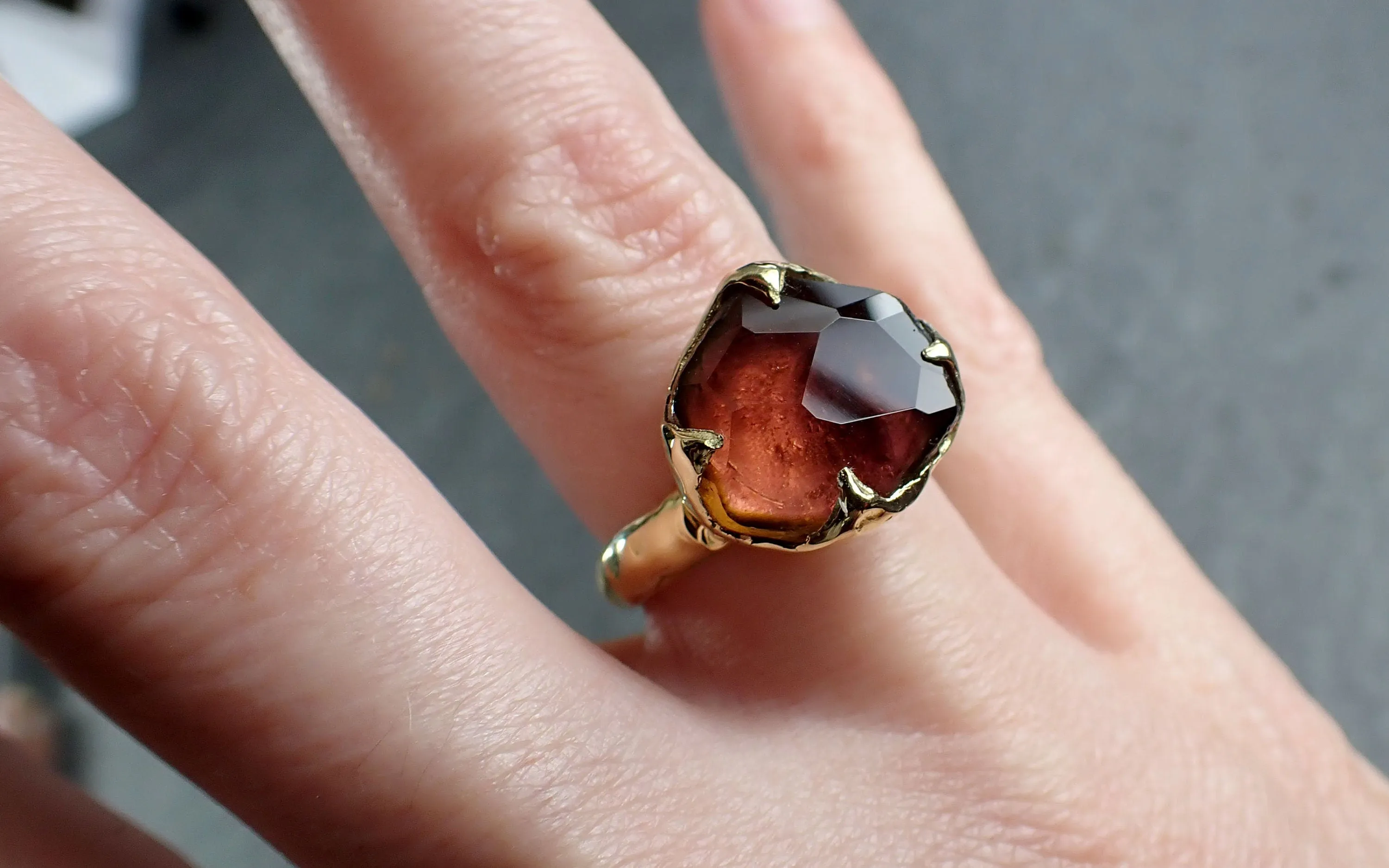 Partially Faceted watermelon Tourmaline Gold Ring Gemstone Solitaire recycled 14k statement cocktail statement 3058