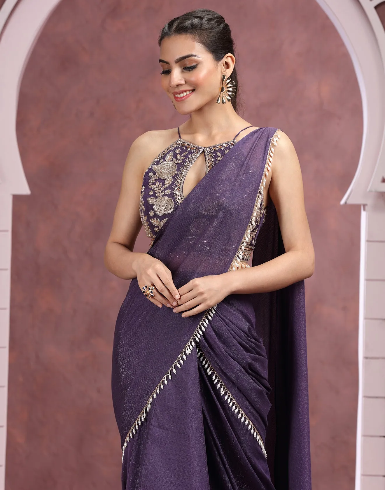 Pastel Plum Shimmer Chiffon Pre-Stitched Cocktail Saree With Blouse