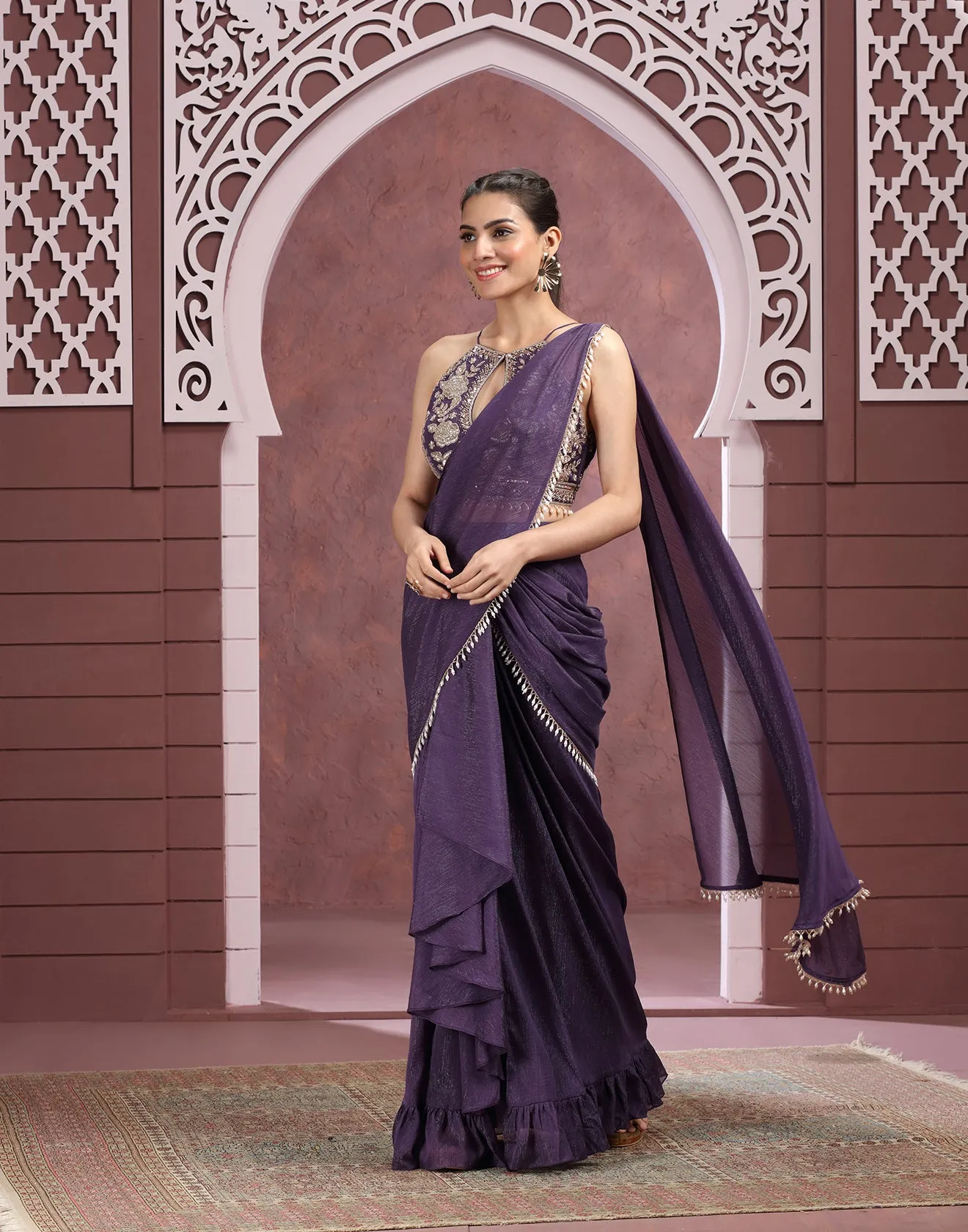 Pastel Plum Shimmer Chiffon Pre-Stitched Cocktail Saree With Blouse
