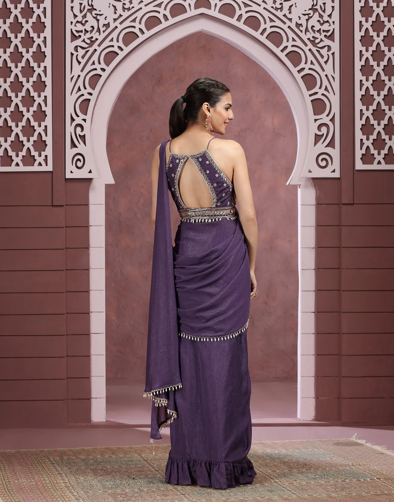 Pastel Plum Shimmer Chiffon Pre-Stitched Cocktail Saree With Blouse