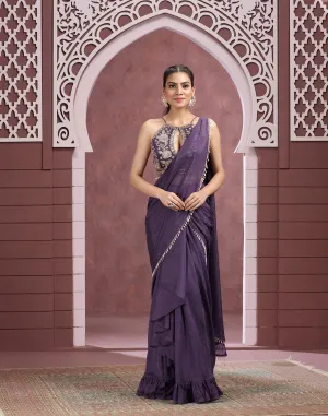 Pastel Plum Shimmer Chiffon Pre-Stitched Cocktail Saree With Blouse