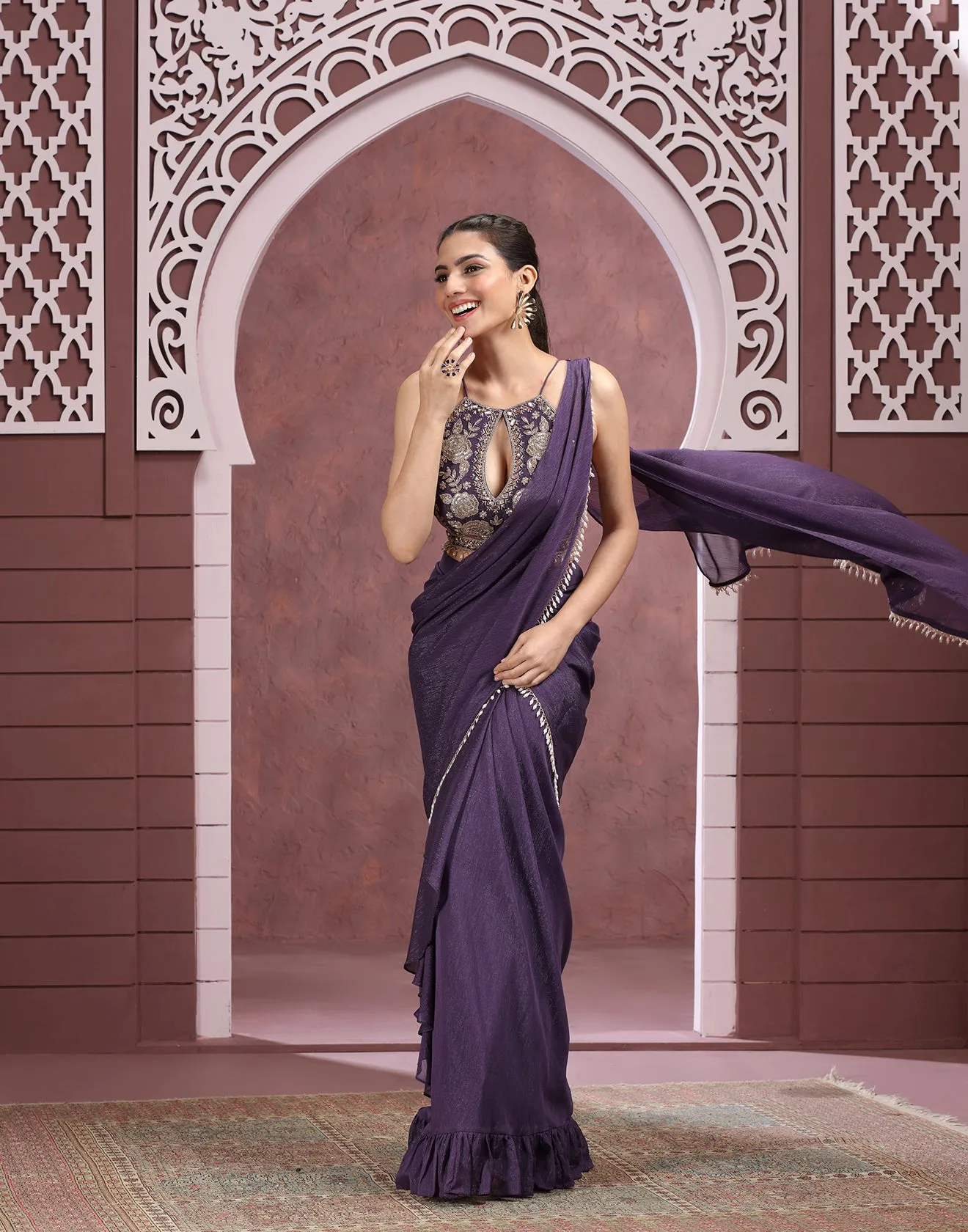 Pastel Plum Shimmer Chiffon Pre-Stitched Cocktail Saree With Blouse