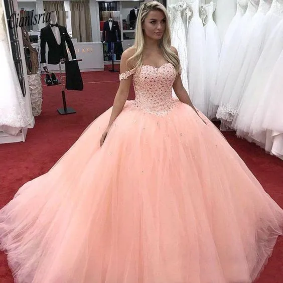peach ball gown prom dresses off the shoulder beaded princess tulle elegant pageant dresses for women