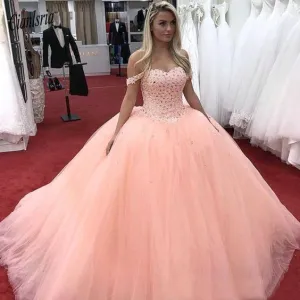 peach ball gown prom dresses off the shoulder beaded princess tulle elegant pageant dresses for women