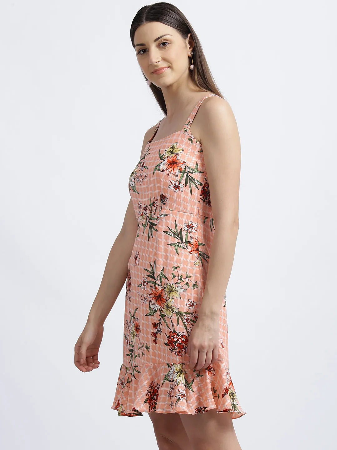 Peach Floral Print Peplum Dress