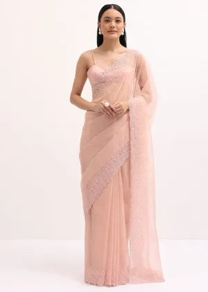 Peach Organza Saree In Sequins