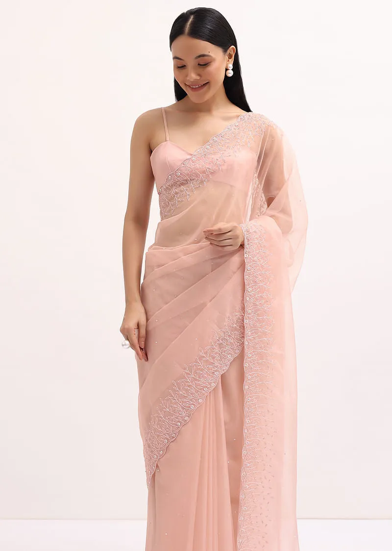 Peach Organza Saree In Sequins