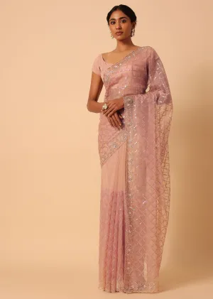 Peach Organza Saree With Cutdana Work
