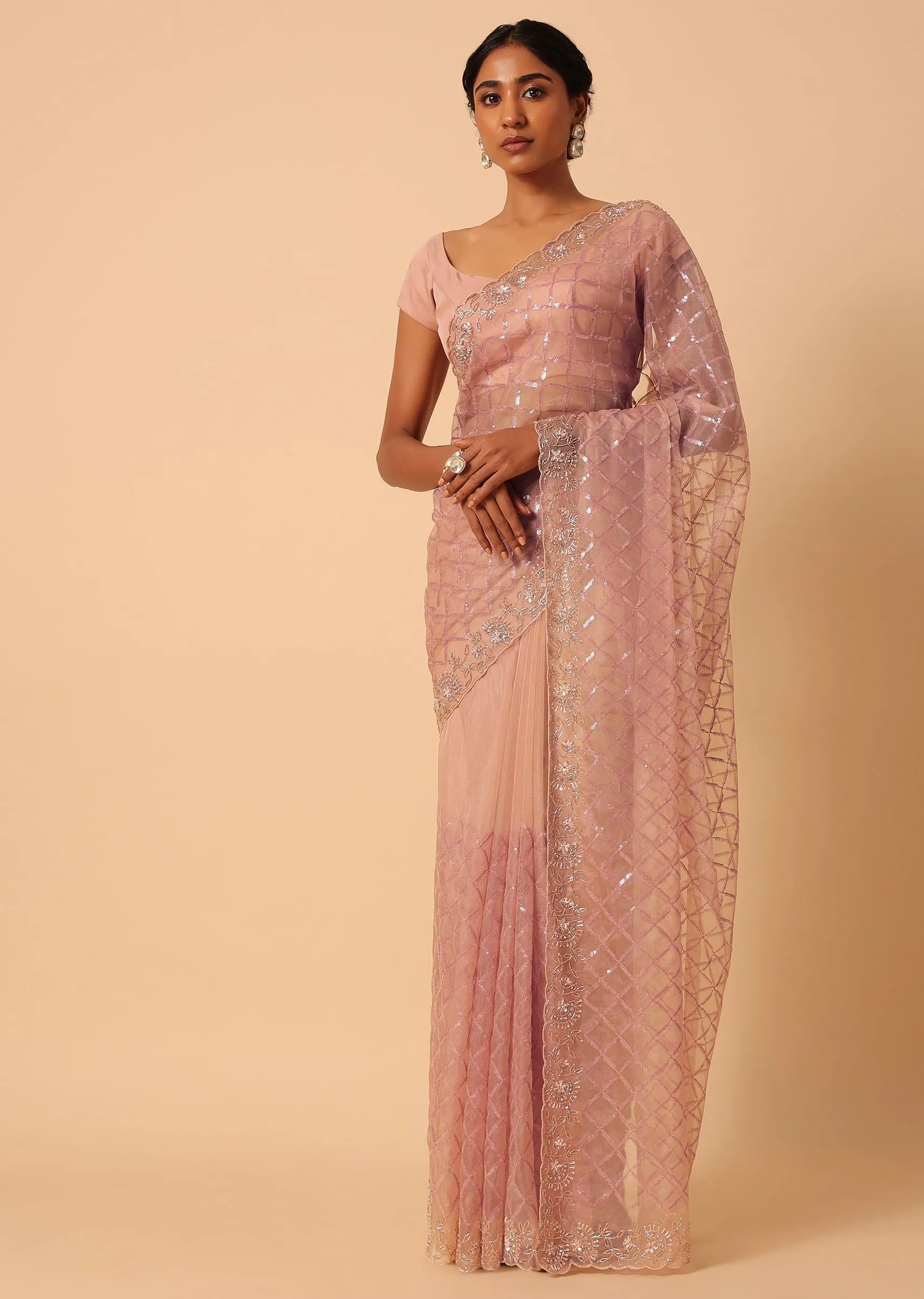 Peach Organza Saree With Cutdana Work
