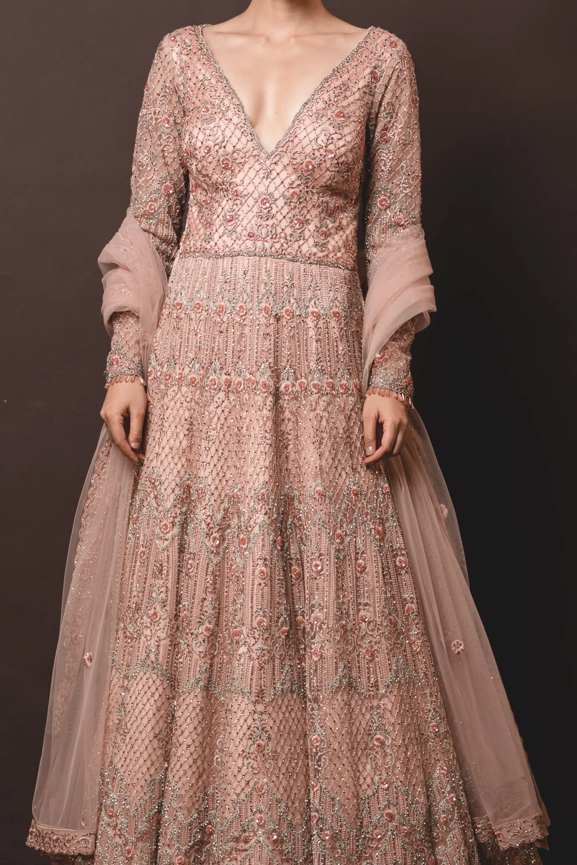 Peach Tulle Gown And Dupatta