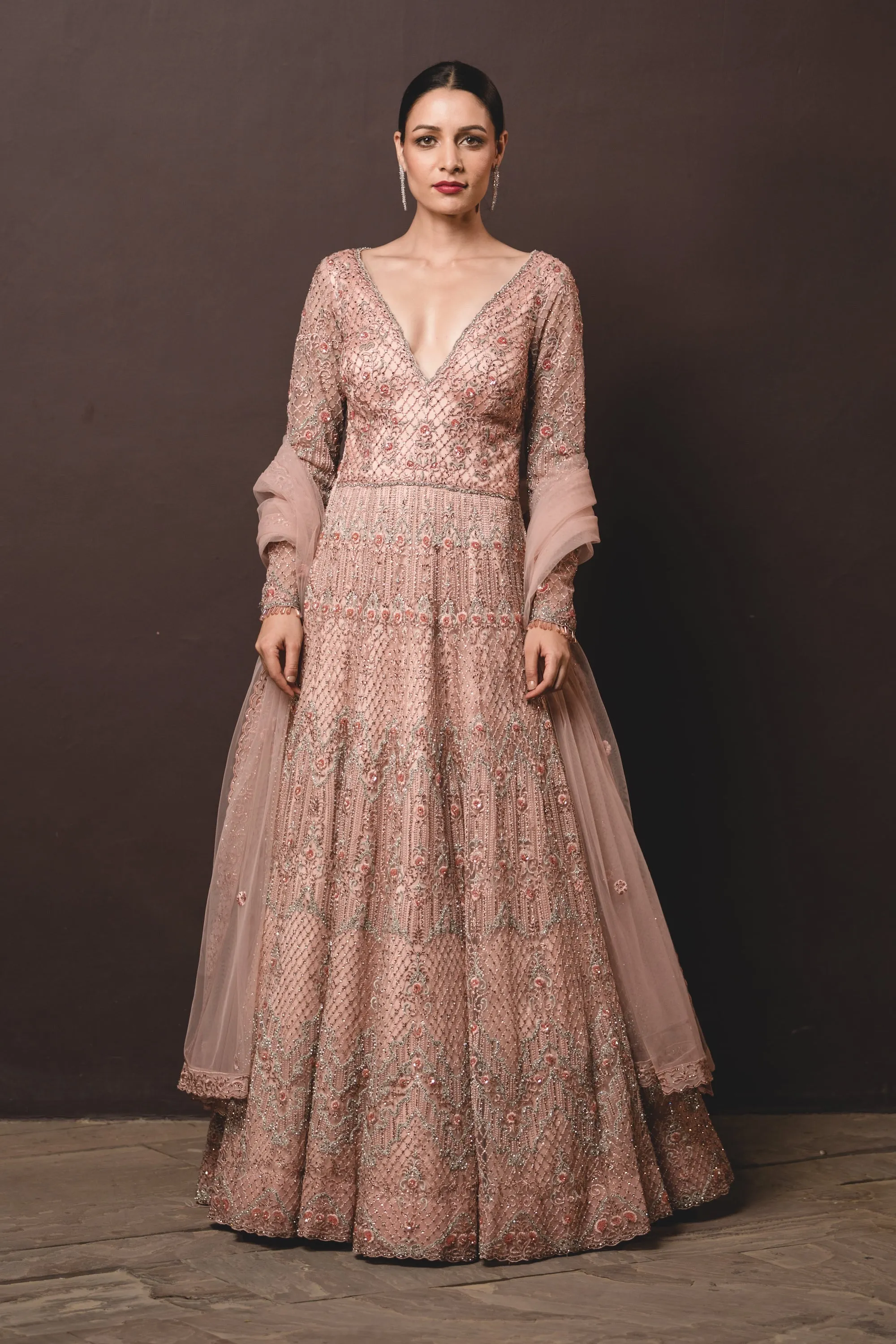 Peach Tulle Gown And Dupatta
