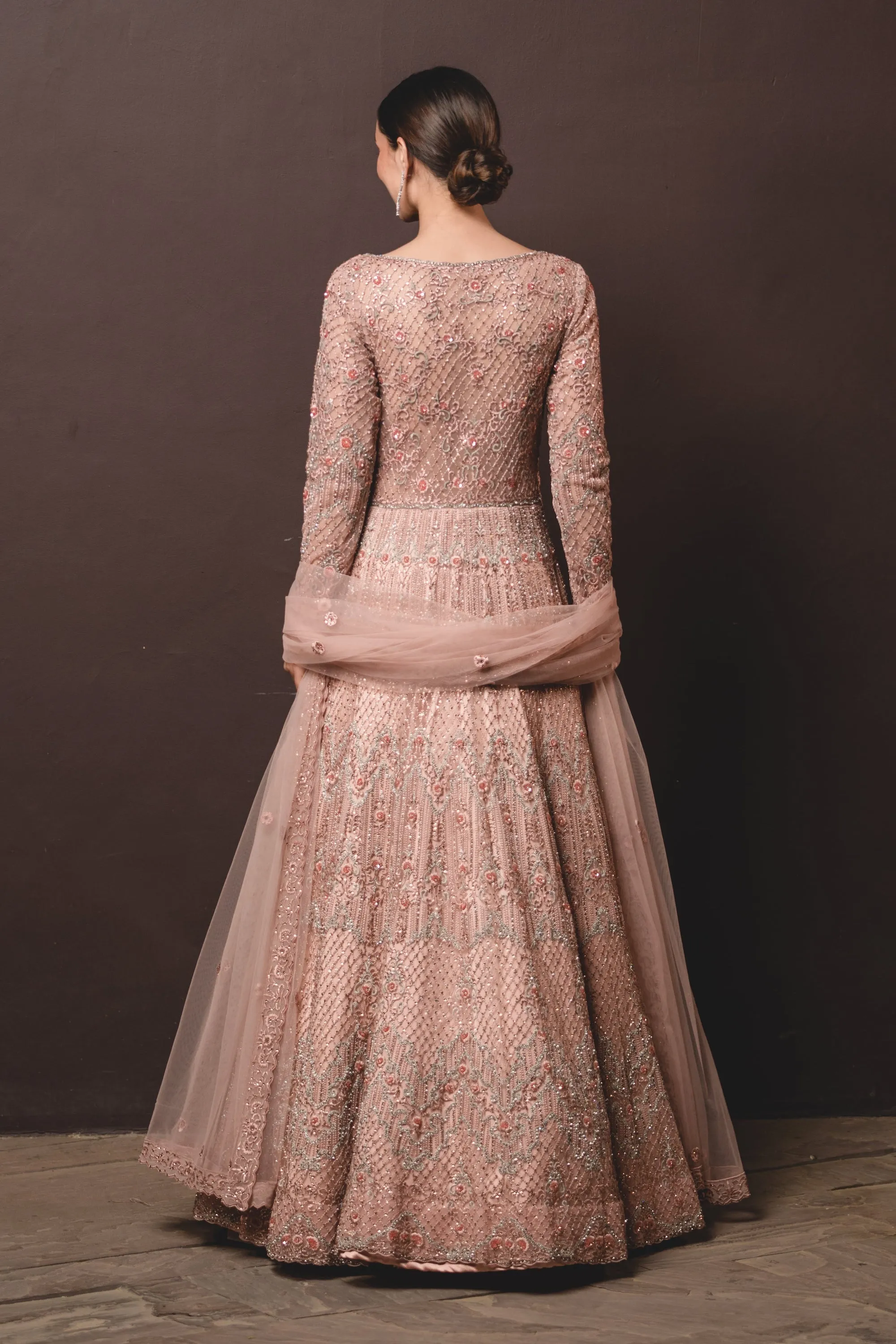 Peach Tulle Gown And Dupatta