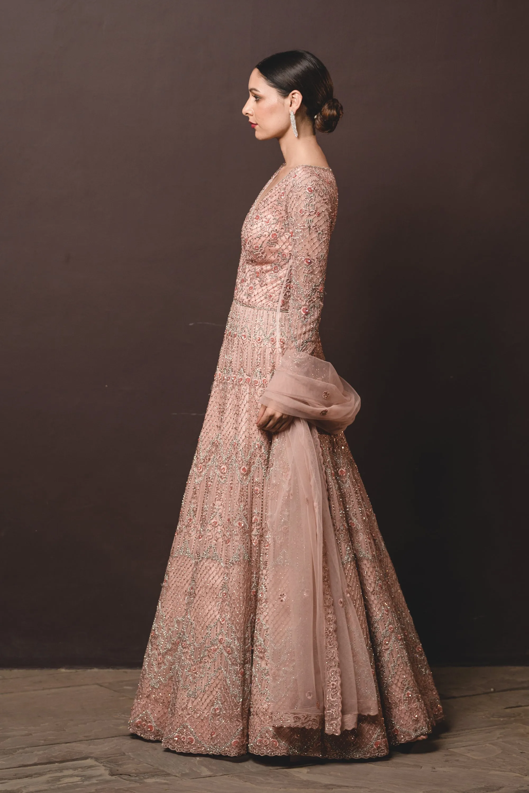 Peach Tulle Gown And Dupatta