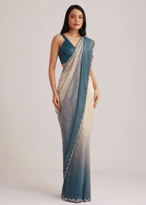 Peacock Blue Ombre Sequins Saree With Scalloped Embroidered Border