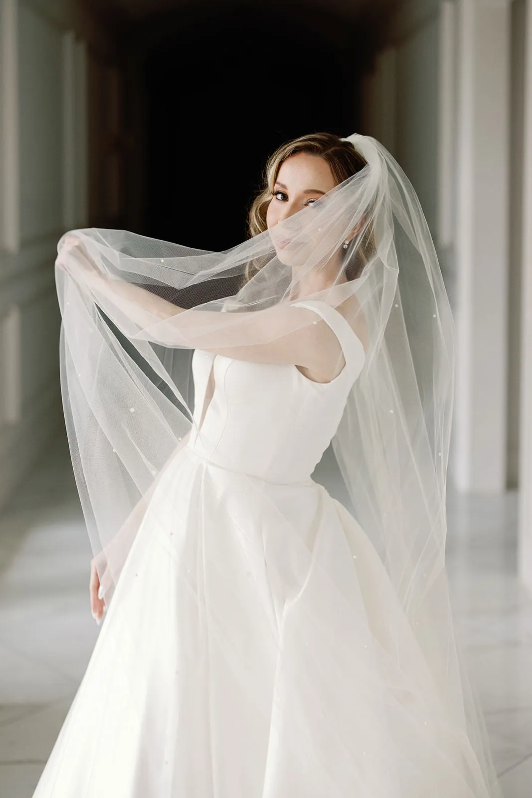 Pearl Cathedral Length Wedding Veil with Scattered Beading