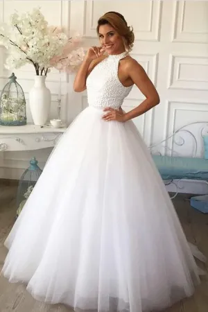 Pearls High Neck White Wedding Dress Tulle Skirt