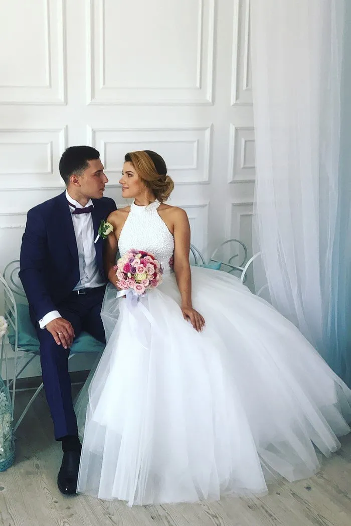 Pearls High Neck White Wedding Dress Tulle Skirt