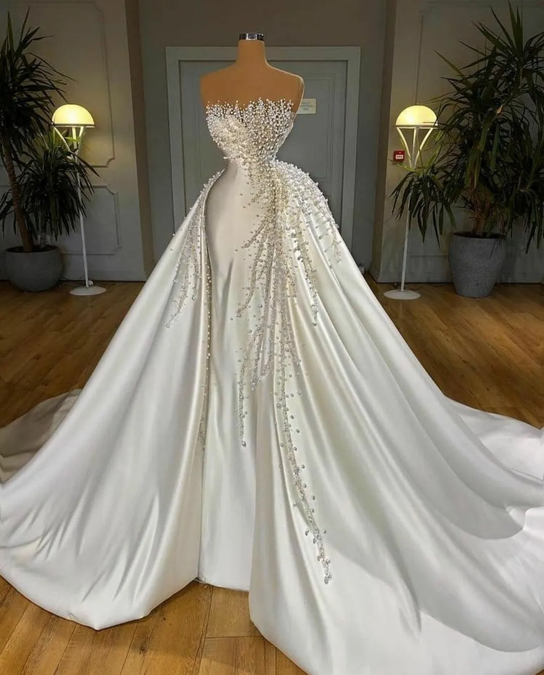 Pearls Satin Overskirt Strapless Beaded Dress