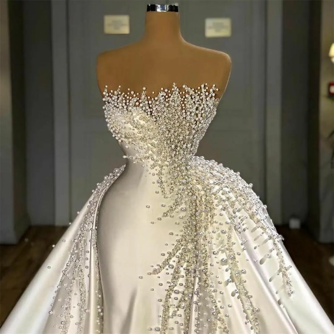 Pearls Satin Overskirt Strapless Beaded Dress