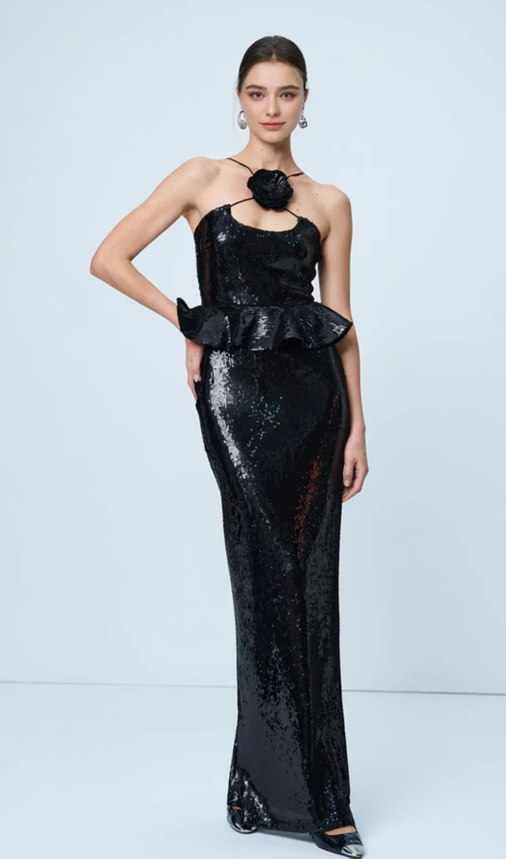 peplum waist sequin maxi dress in black