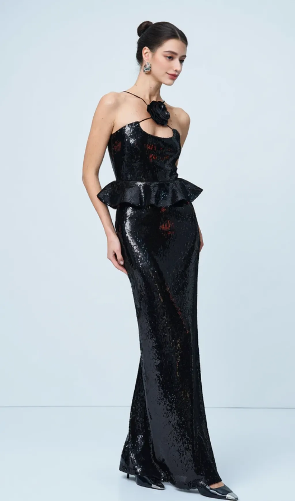 peplum waist sequin maxi dress in black