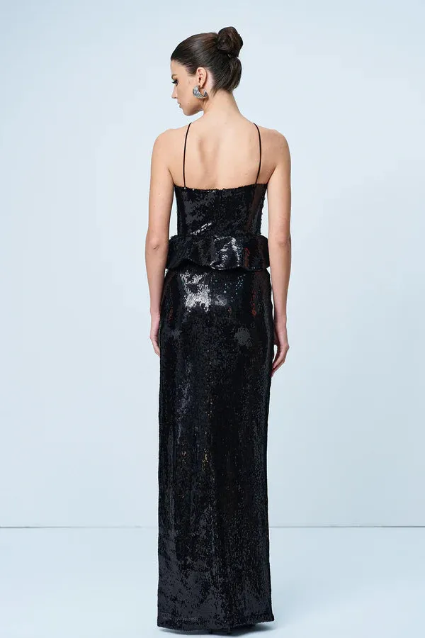 peplum waist sequin maxi dress in black