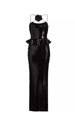 peplum waist sequin maxi dress in black