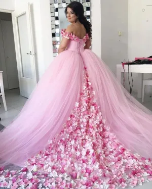 pink 3d flowers wedding ball gown elegant off the shoulder princess cheap wedding dresses boho vestido de noiva