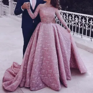 pink ball gown prom dresses long sleeve 2021 sparkly elegant boat neck arabic prom gowns