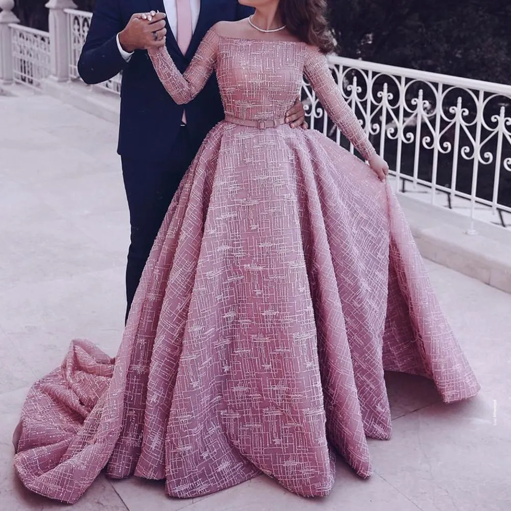 pink ball gown prom dresses long sleeve 2021 sparkly elegant boat neck arabic prom gowns