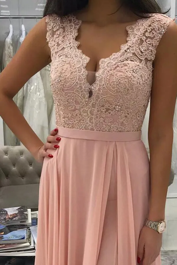 Pink Chiffon A-line Prom Dresses With Appliques, Beaded Evening Dress, MP630