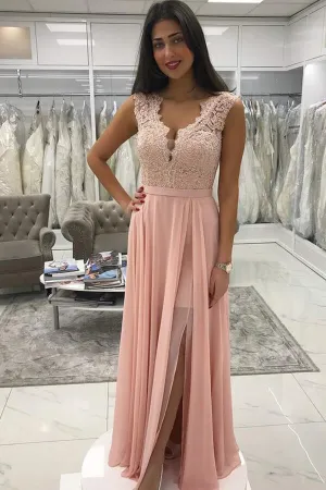 Pink Chiffon A-line Prom Dresses With Appliques, Beaded Evening Dress, MP630