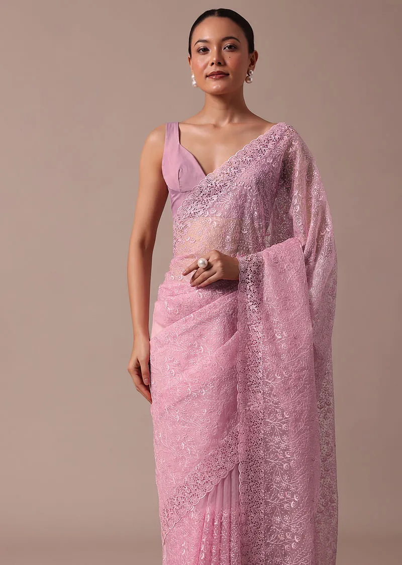 Pink Embroidered Organza Saree
