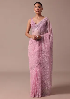 Pink Embroidered Organza Saree