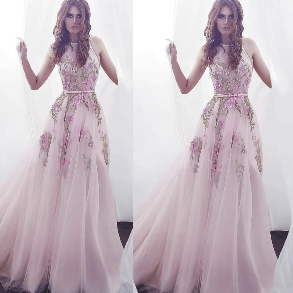 pink embroidery appliqué prom dresses long a line sleeveless elegant cheap prom gown vestido Longo