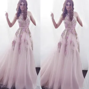 pink embroidery appliqué prom dresses long a line sleeveless elegant cheap prom gown vestido Longo