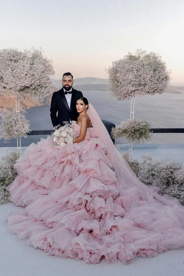 Pink Layers Tulle Ball Gown Straight Neck Wedding Dresses, Bridal Gowns, MW939