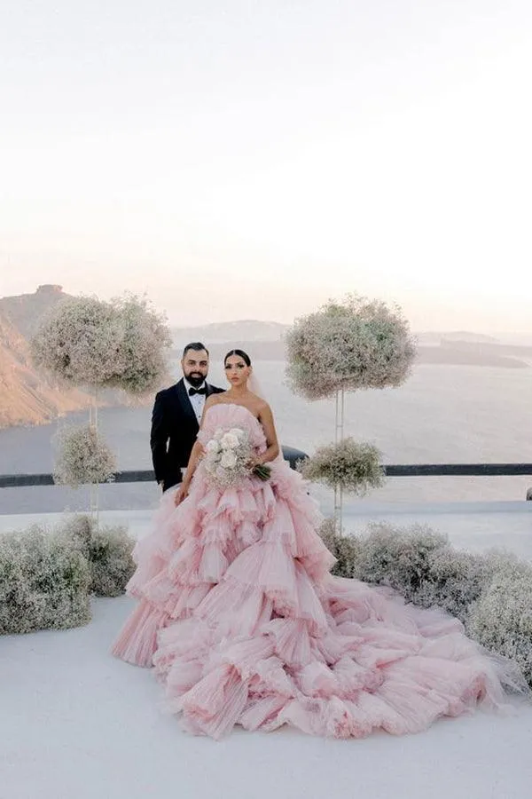 Pink Layers Tulle Ball Gown Straight Neck Wedding Dresses, Bridal Gowns, MW939
