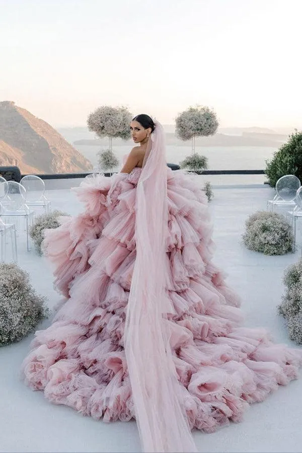 Pink Layers Tulle Ball Gown Straight Neck Wedding Dresses, Bridal Gowns, MW939
