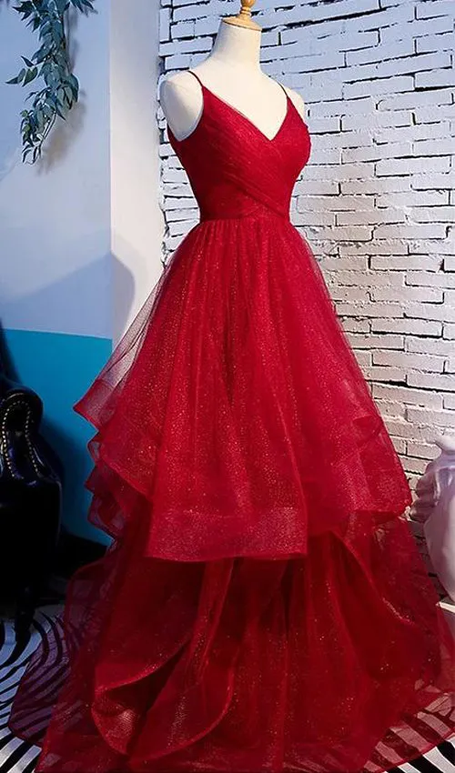 Pink Long Prom Dresses with Tiered Spaghetti Straps Red Evening Gowns,MP531