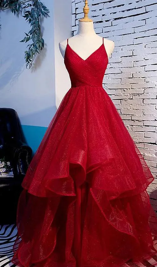 Pink Long Prom Dresses with Tiered Spaghetti Straps Red Evening Gowns,MP531