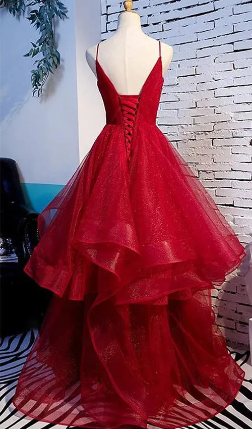 Pink Long Prom Dresses with Tiered Spaghetti Straps Red Evening Gowns,MP531