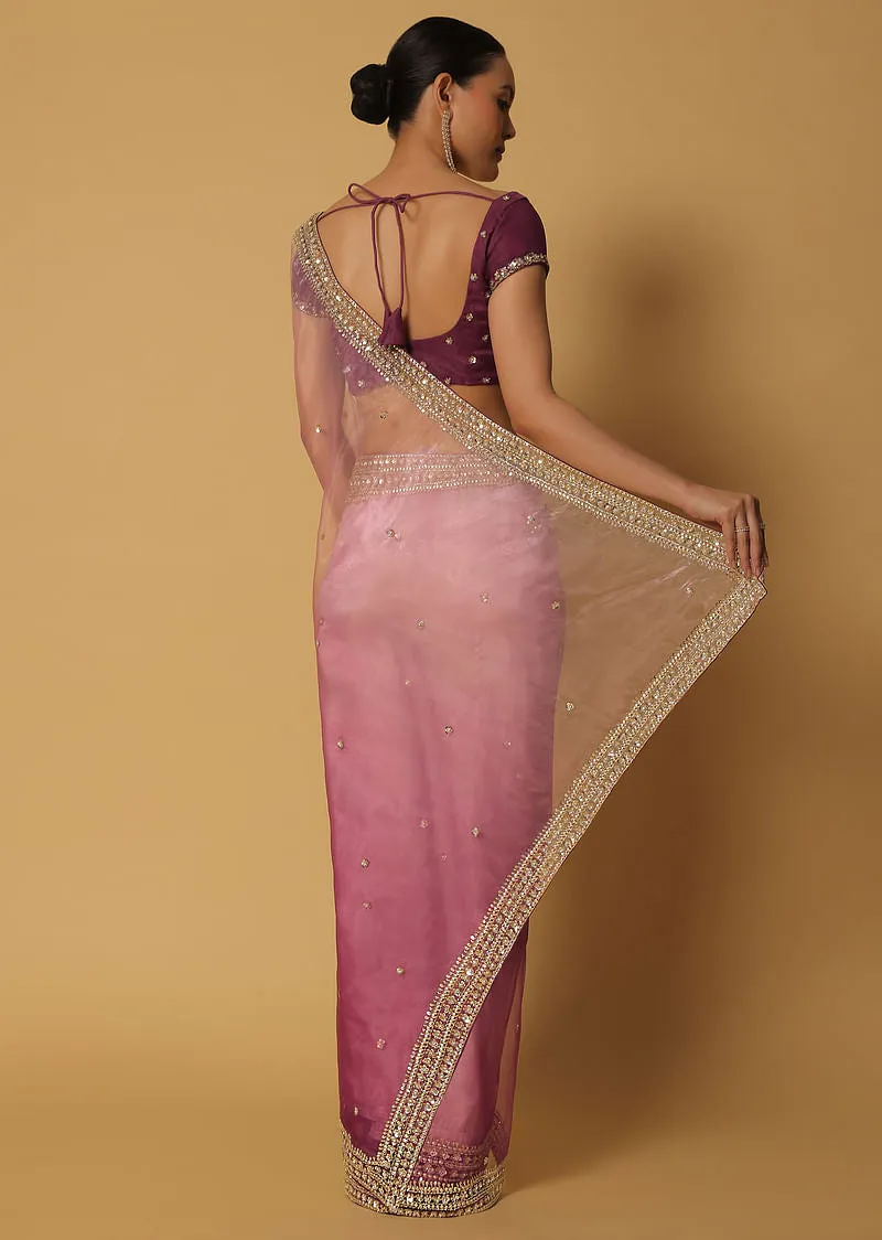 Pink Ombre Glass Organza Saree With Sequin Work Pallu